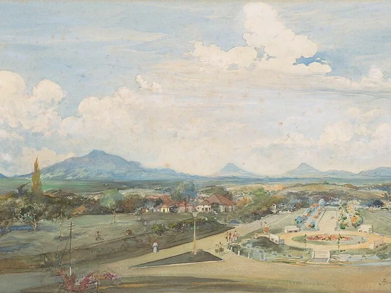1871-Frans Bakker - Tillemaplein a Semarang con i vulcani Sindoro e Soembing sullo sfondo